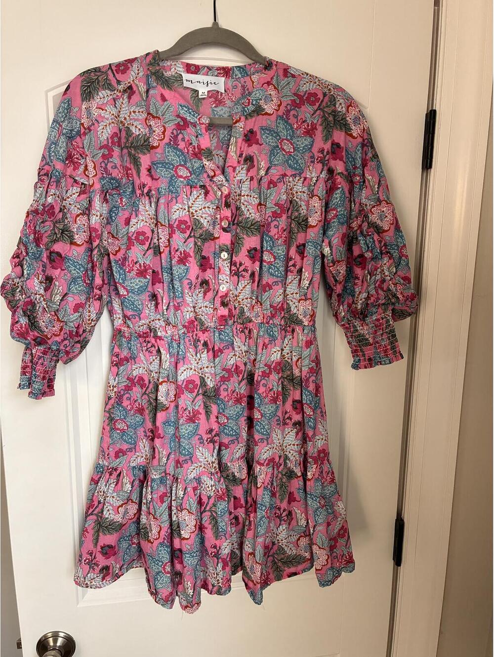 Maisie Pink Multicolor Floral Paisley Button Front Puff Sleeve Mini Dress Size M